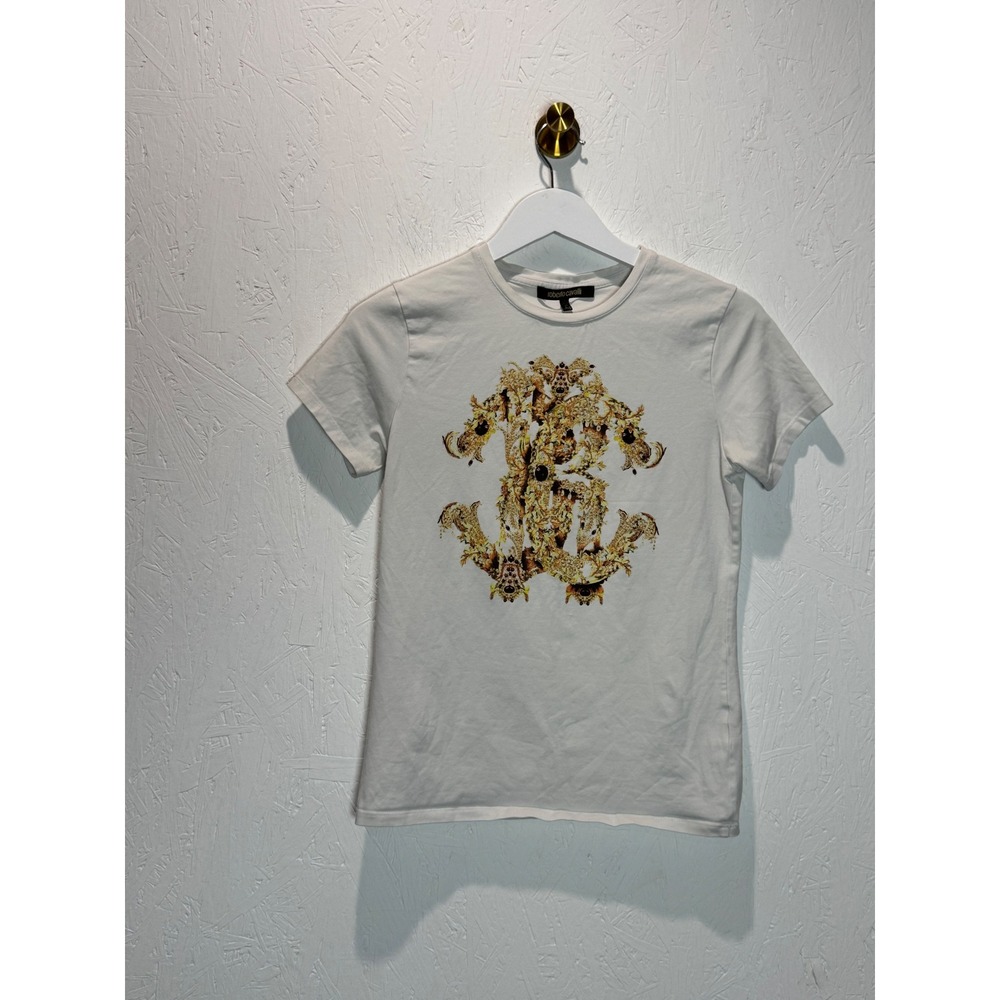 Roberto Cavalli Mens White Graphic Logo T-Shirt Made in Italy Crew Neck Tee